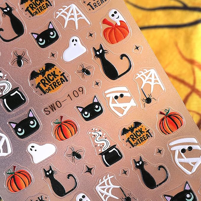 5 Pcs Halloween Nail Stickers,Spider Webs Cute Ghost 3D Self-Adhesive Nail Decals Cat Skull and Pumpkin Designs Nail Decorations Halloween DIY Manicure Supplies for Women Girls