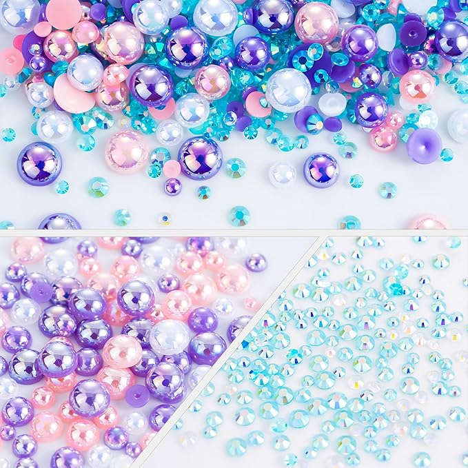 60g Purple Pink Flatback Rhinestones Half Pearls for Crafting, Mixed Size 3mm-10mm Resin Rhinestones for Bedazzling, Small Pearls for DIY Tumblers Mugs Nail Art Shoes Clothes with Glue