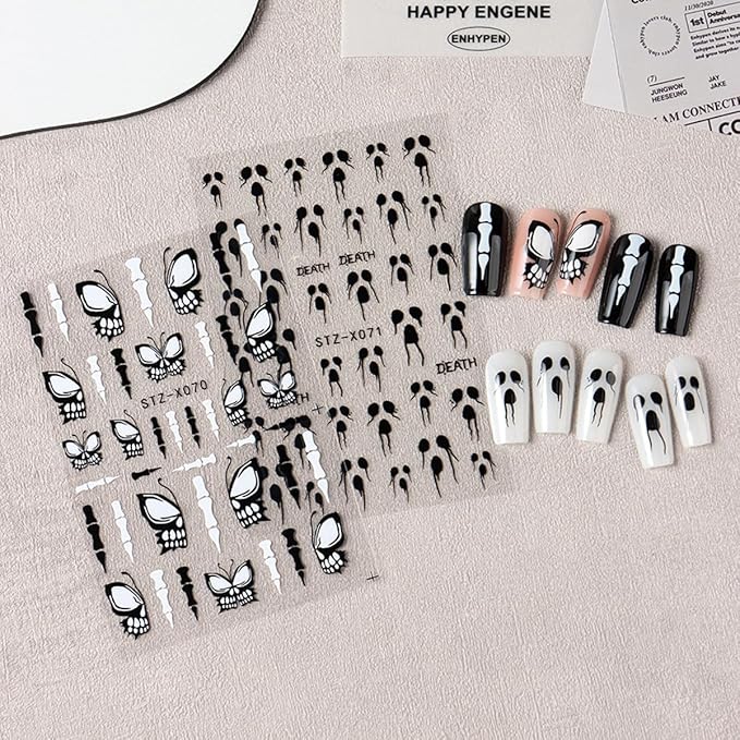 Halloween Nail Art Stickers 3D Self-Adhesive Halloween Nail Decals Nail Art Supplies 6PCS Black White Butterfly Wing Bone Ghost Face Glitter Spider Manicure Stickers for Women DIY Nail Decorations
