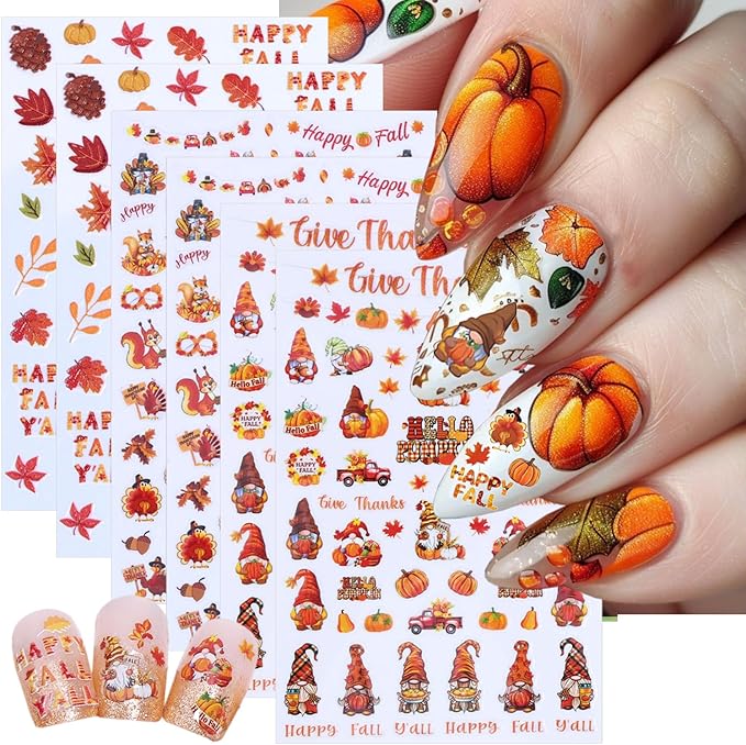 6 Sheets Fall Nail Stickers 3D Self-Adhesive Thanksgiving Nail Stickers with 5D Embossed Maple Leaf Nail Art Sticker Squirrel Pumpkin Leaves Design Autumn Nail Decals for Holiday Manicure Decorations