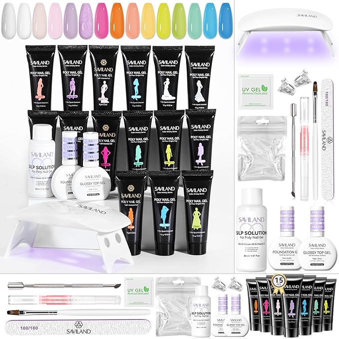 SAVILAND Poly Gel Nail Kit Starter: 15 Poly Gel Nail Colors for 28 Days Long-Lasting, All-in-1 Poly Nail Gel Kit with Slip Solution U V/LED Lamp, Suitable for Trendy Nail Art Home Salon Daily DIY