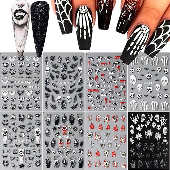 8 Sheets Halloween Nail Art Stickers - Goth Ghost, Skeleton Skull Spider Nail Decals - 3D, 5D Black Wing Nail Supplies - DIY French Manicure