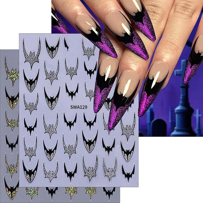 ONPRESS 8Sheet Halloween Bats Nail Stickers Black Gold Glitter French Tips Nail Art Stickers 3D Self-Adhesive Silver Red Spider Web Nail Decals Exquisite Gothic Holiday Nails Supplies for Women DIY