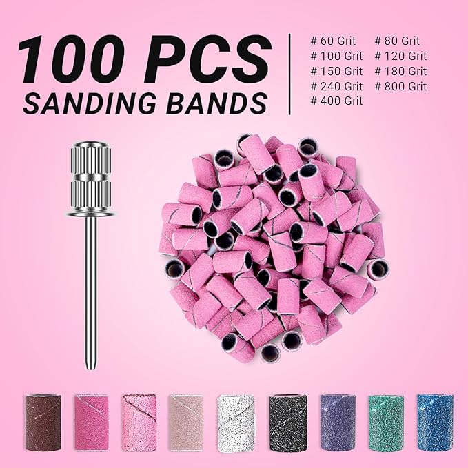 MelodySusie 100 Pcs Nail Drill Bits Sanding Bands for Nail Drill 180 Fine Grit Nail File Sanding Bands for Acrylic Nails Gel Manicures and Pedicure,Light Pink
