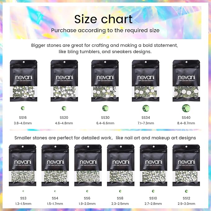 Novani Rhinestones 1440pcs SS10 Glass Rhinestones Crystal Flatback Gemstones for Crafts Nails Makeup Bags and Shoes Decoration（SS10, Light Green）