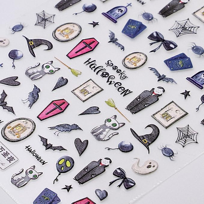 Halloween Nail Stickers for Nail Art Halloween Theme Vampire Ghost Bat Hat 5D Embossed Nail Decals Self-Adhesive Nails Supply Manicure Stickers for Nails Decoration