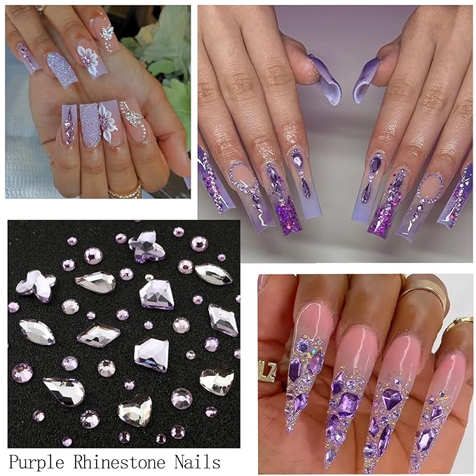 4 Boxes Purple Nail Gems Bow Flower Nail Charms for Acrylics - Irregular Crystals, Nails Rhinestone & Accessories for Women Nails Art Design Nails Decor(Purple)