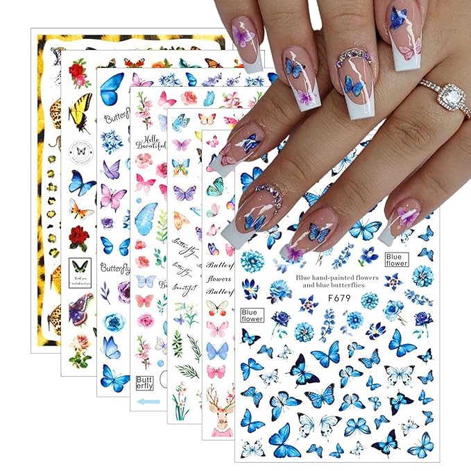 7 Sheets Butterfly Nail Art Sticker Decals Spring Summer 3D Self-Adhesive Nail Decals Colorful Floral Nail Supplies Pink Blue Purple Yellow Butterfly Nails Designs Supplies for Women Nail Decoration