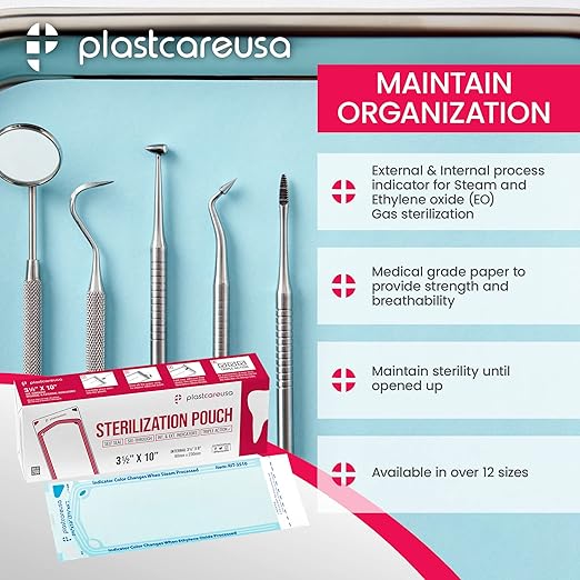 Self Sealing Sterilization Pouches 3.5" x 10" - Latex-Free, Color Changing Indicator (200 Count) by PlastCare USA