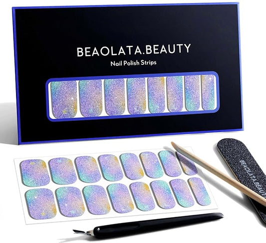 Nail Polish Strips, 32PCS Salon Quality Wraps, Long Lasting Gel Nail Stickers for Women Easy Apply& Remove (Fairies's Blue Glitter)