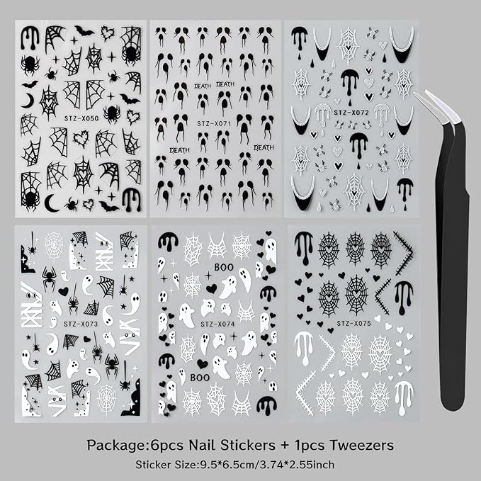 6pcs Ghost Halloween Nails Stickers with Tweezers Heart Spider Web Blood Dripping Spiders Boo Cute Ghost Goth Nails Decals Halloween Art Party Nail Supplies for Women DIY Nail Charms Decorations
