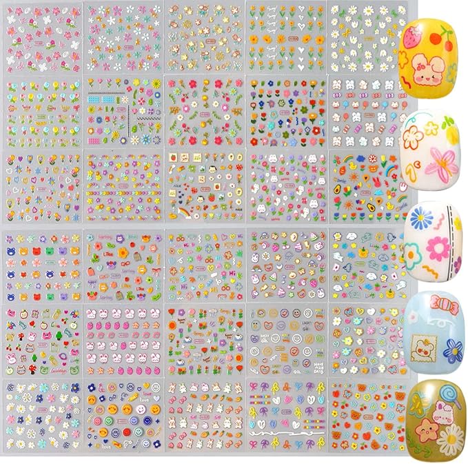 30 Sheets Flower Nail Stickers Rabbit Nail Art Stickers 3D Embossed Self Adhesive Nail Decals Floral Heart Bow Smile Fruit Nails Design Spring Nail Art Decals for Women Manicure DIY Decoration
