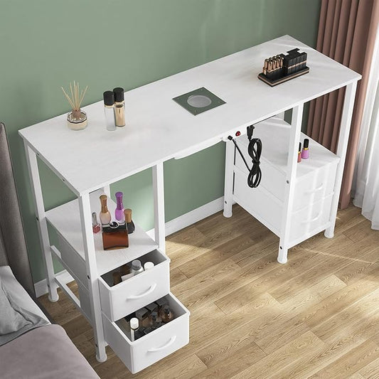 Manicure Table for Nail Tech, Nail Tech Table Station w/4 Storage Drawers & 2 Open Shelves, Nail Table w/Dust Collector for Beauty Salon Tech Station (White)