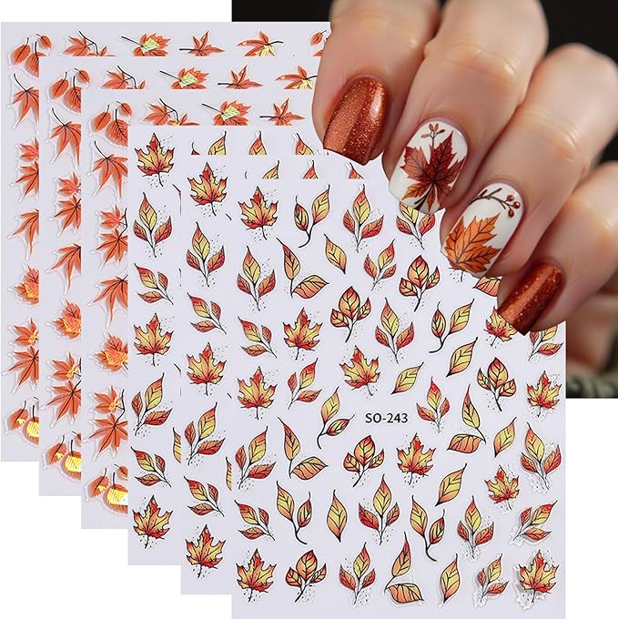 Fall Nail Stickers Laser Maple Leaf Nail Decals 6PCS Self Adhesive Pegatinas para Uñas Autumn Brown Yellow Leaves Design Nail Art Supplies DIY Manicure Supplies for Women Nail Decorations Charms