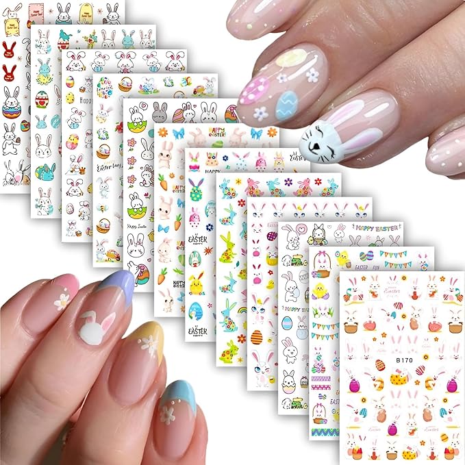 12 Sheets Easter Nail Art Stickers 3D Self Adhesive Cute Bunny Nail Stickers for Nail Art Colorful Egg Nail Decals Easter Nail Supplies for Women Girls