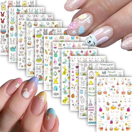 12 Sheets Easter Nail Art Stickers 3D Self Adhesive Cute Bunny Nail Stickers for Nail Art Colorful Egg Nail Decals Easter Nail Supplies for Women Girls