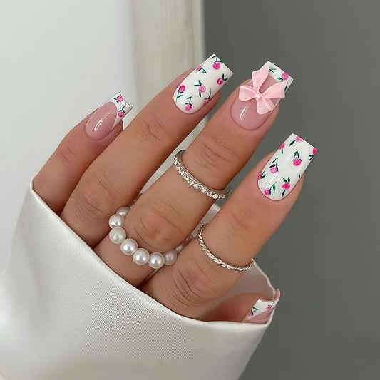 French Flowers Press on Nails Medium Square Fake Nails with Bow Rhinestones Design False Nails Glossy Spring and Summer Flowers Glue on Nails Artificial acrylic for Women Nails Decoration 24Pcs