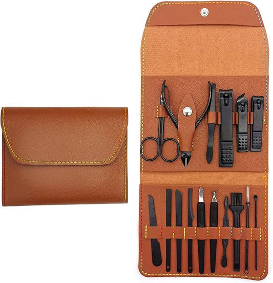 Nail Clipper Set, 16PCS Manicure Set Fingernail Clippers Kit Black Stainless Steel Pedicure and Manicure Kit with Brown PU Leather Case