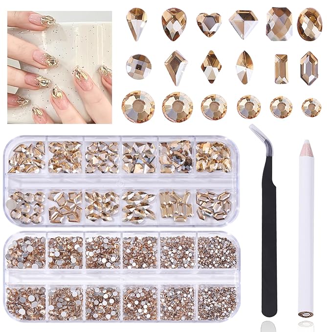 3120 Champagne Diamond Nail Rhinestones, HOINCO Crystal Nail Rhinestones, 3D Mixed Size Crystal AB Flat Bottom Gemstone for Nail Art DIY Craft Decoration with Crayon Tweezers
