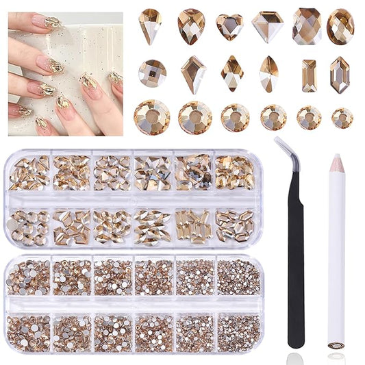 3120 Champagne Diamond Nail Rhinestones, HOINCO Crystal Nail Rhinestones, 3D Mixed Size Crystal AB Flat Bottom Gemstone for Nail Art DIY Craft Decoration with Crayon Tweezers