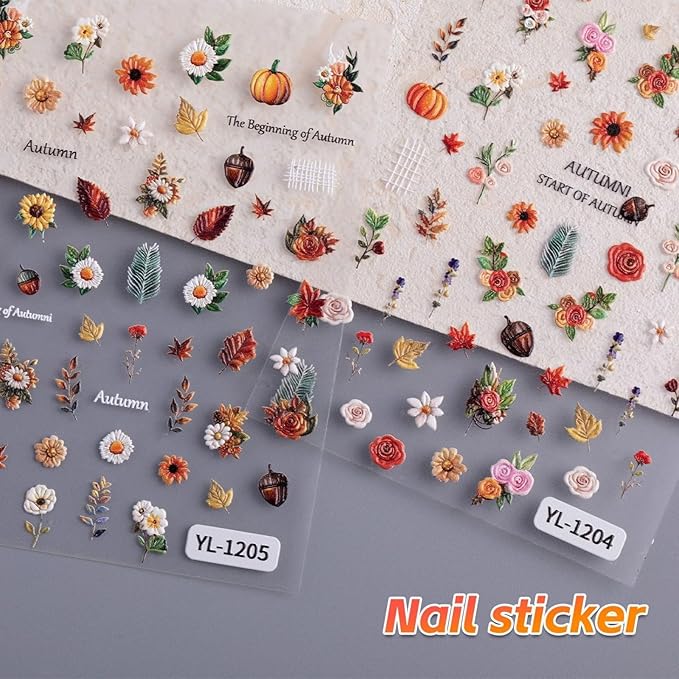 Fall Nail Art Stickers Decals 5D Embossed Maple Leaf Nail Decals Autumn Nails Stickers Pumpkin Colorful Flower Pine Cones Autumn Nail Supplies for Women Thanksgiving Day Acrylic Manicure Decoration