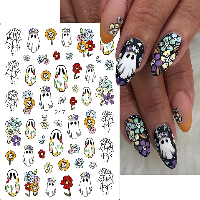 Halloween Nail Art Stickers, Spider Web Nail Art Decals 3D Self-Adhesive with Pumpkin Cute Ghost Cat Bat Flower Tree Nail Design 8Pcs Halloween Nail Art Supplies for Women Nail Decoration