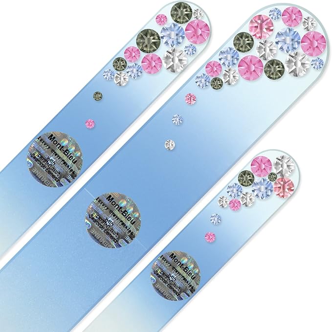 Mont Bleu Set of 3 Czech Tempered Glass Nail Files - Hand Decorated with Crystals