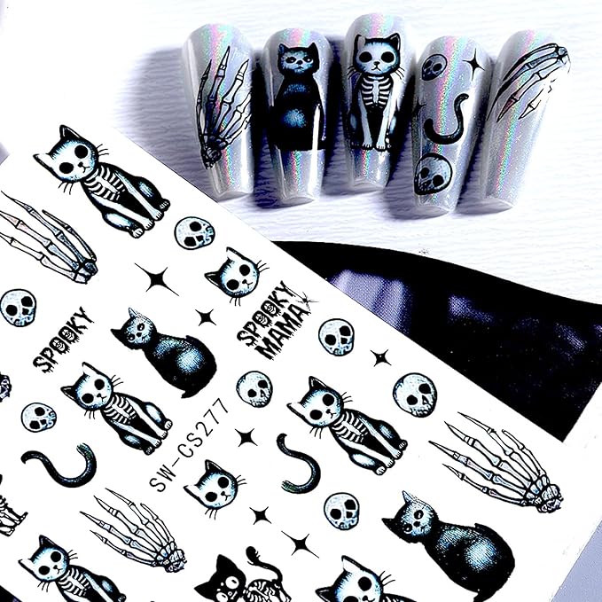 4 Sheets Halloween Nail Stickers Flower and Horror Cat Nail Art Stickers Skeleton Design Nail Decals Halloween Decoration Manicure DIY for Women