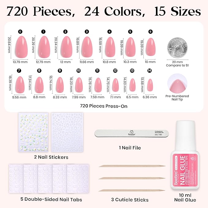 Beetles Press On Nails Kit - Rainbow Gleam | 720Pcs 24 Colors Short Almond Press On Nails | 15 Sizes Matte Glossy Glitter With Nail Glue & Nail Tabs Stickers, Fake Nails Kit Art For Women