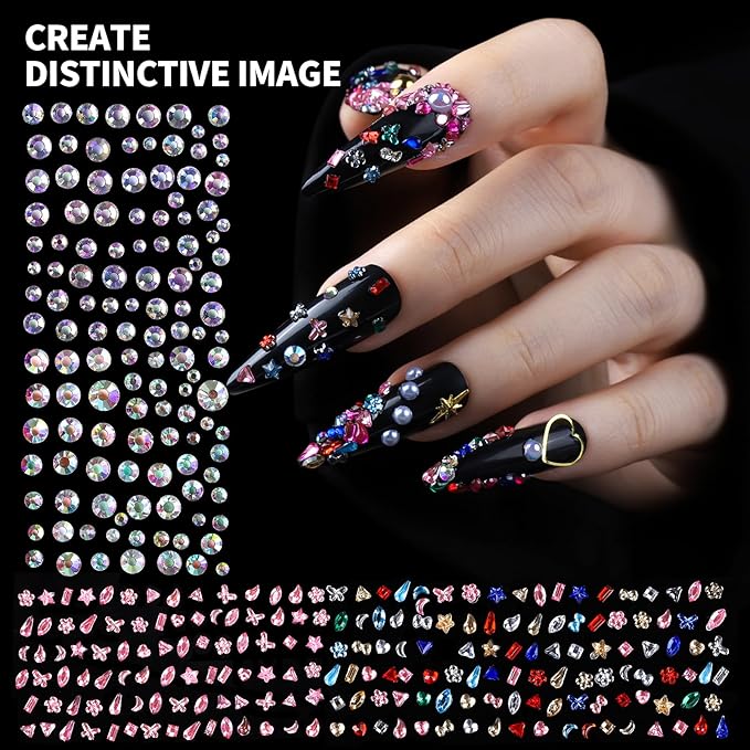FAMDAMEI 24 Grid Nail Charms, Nail Art Kit with Multi Shapes Nail Charms and Gems, Flatback AB Nail Rhinestones Gold Nail Pearls, Colorful 3D Hawaii Flowers Nail Jewels for DIY Nail Design for Crafts