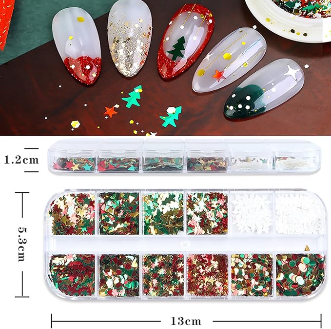 Christmas Glitter Nail Art Sequins, 3D Christmas Tree Snowflakes Love Heart Stars Circle Nail Sparkly Flakes Design Supplies for Women Girls Manicure Holiday Decorations, Xmas Resin Nail Art Tips