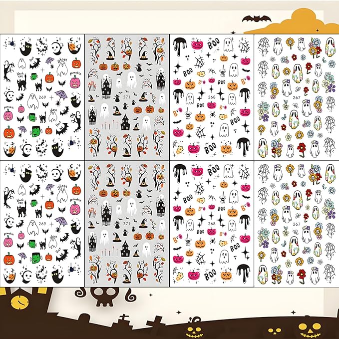 Halloween Nail Art Stickers, Spider Web Nail Art Decals 3D Self-Adhesive with Pumpkin Cute Ghost Cat Bat Flower Tree Nail Design 8Pcs Halloween Nail Art Supplies for Women Nail Decoration