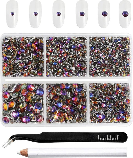 Beadsland 4300pcs Flatback Rhinestones,Blue Rhinestone Nail Gems Round Crystal Rhinestones for Crafts,Mixed 6 Sizes with Picking Tweezers and Wax Pencil Kit, SS6-SS20,Blue Volcano