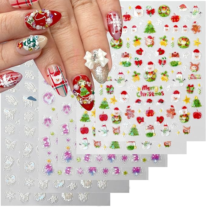 Christmas Nail Art Stickers 3D Cute Santa Claus Nail Stickers Pink White Snowmen Snowflake Nail Design Sticker Self-Adhesive Winter Christmas Tree Nails Decals for Women DIY Nails Supplies 6 Sheets