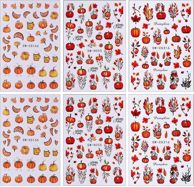 Fall Maple Leaves Nail Art Stickers for Thanksgiving, Fall Pumpkin Nail Decals 3D Self-Adhesive with Maple Leaves Design 6Pcs Fall Glitter Nail Art Supplies for Women Nail Decoration