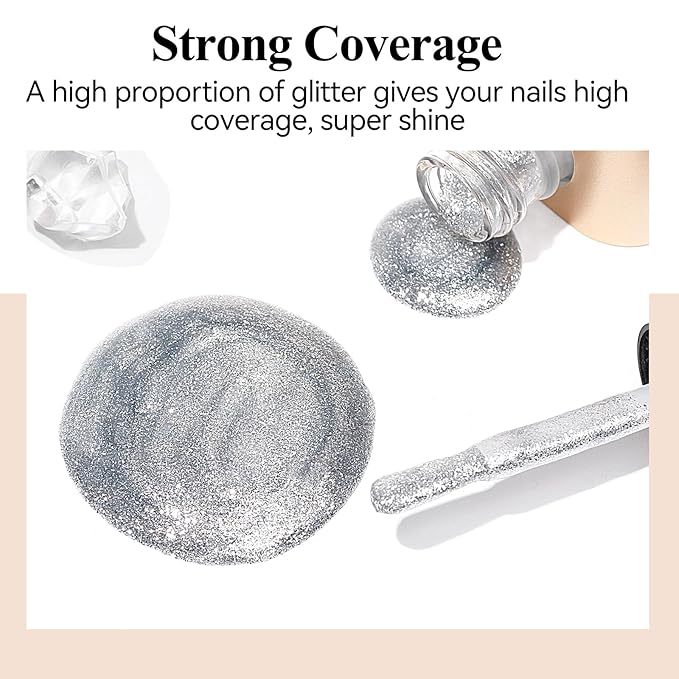 Silver Glitter Nail Polish Quick Dry 12ML, Sparkly Shimmer Shine nail polish Holographic Shimmery Nail Lacquer Varnish Nail Polish Natural Nail Art for Beginner-1PC