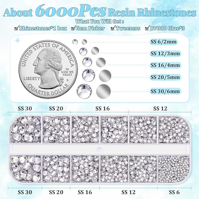 6000Pcs Resin Rhinestones for Bedazzling with 3Pcs B7000 Jewelry Glue, 1 Box Clear Flatback Rhinestones for Crafting Crafts DIY, Crystals Gems for Clothing Shoes Tumblers Nail Art Makeup