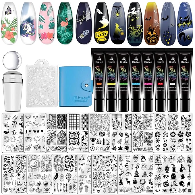 Biutee Nail Stamper Kit 15pcs Nail Art Stamp Plate 8pcs Stamp Gel Polish 1pcs Nail Stamper Scraper Set with Storage Bag, Nail Stamp Template Kit Flower Lace Animal Star Halloween Christmas Design
