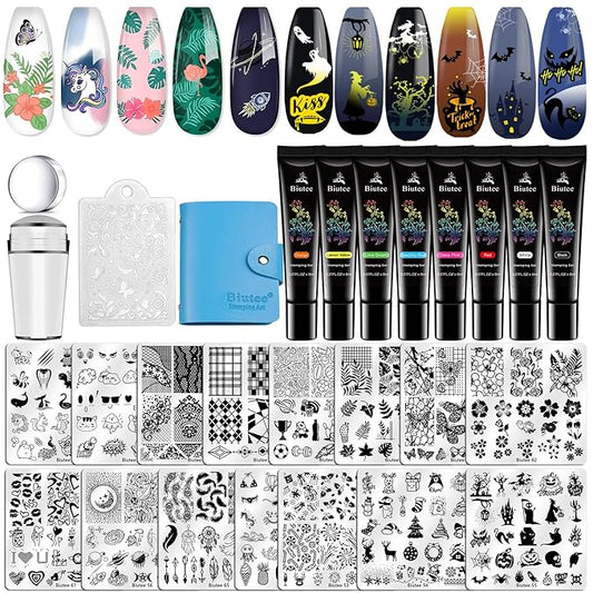 Biutee Nail Stamper Kit 15pcs Nail Art Stamp Plate 8pcs Stamp Gel Polish 1pcs Nail Stamper Scraper Set with Storage Bag, Nail Stamp Template Kit Flower Lace Animal Star Halloween Christmas Design