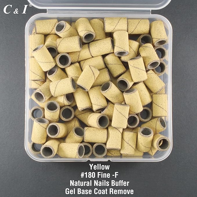 C & I Nail Sanding Bands 100 PCS Plus Upgrade Mandrel 1 PC, Nail Drill Bits for Acrylic Gel Nails Remove, Natural Nails Buffer for Nail Prep and Nail Shiner (Yellow, #180 Fine)