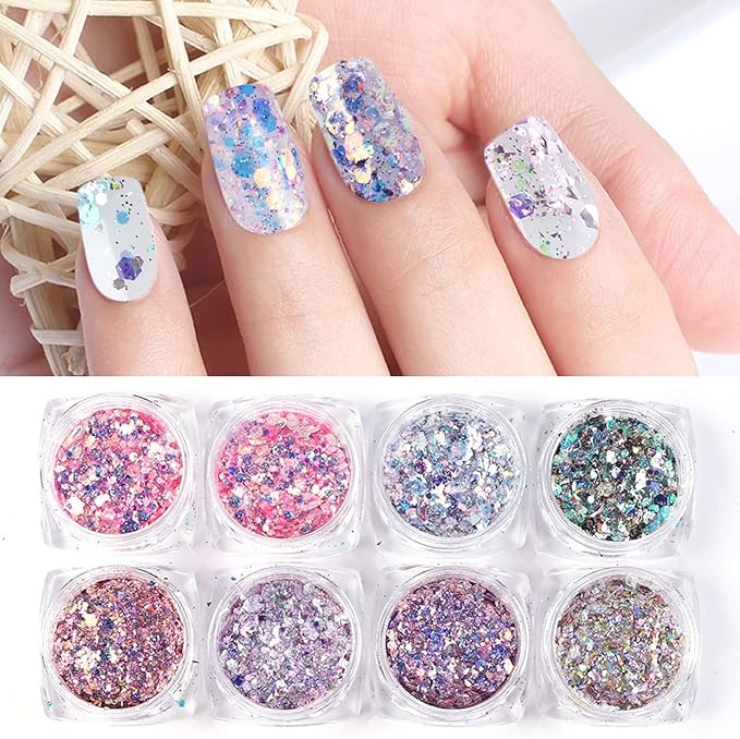 Holographic Nail Glitter Flakes Nails Supply Mermaid Powder Nail Art Decorations Shiny 3D Nail Sequins DIY Manicure Charms Design Acrylic Nails Supplies Glitter Nail Art Set (8 Boxes)