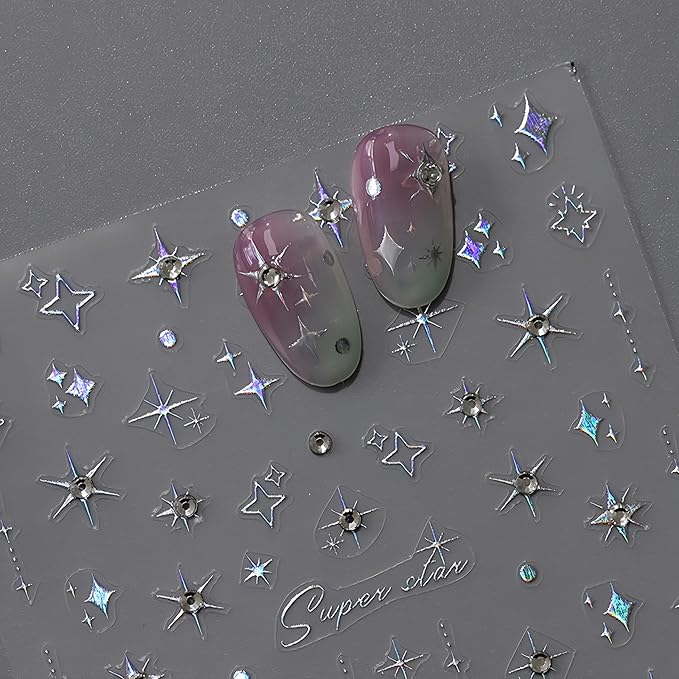 5D Self-Adhesive Glitter Diamond Stars Nail Art Stickers Sparkling Rhinestone Crystal Stars Luxury Design for Women Girls DIY Nail Decoration