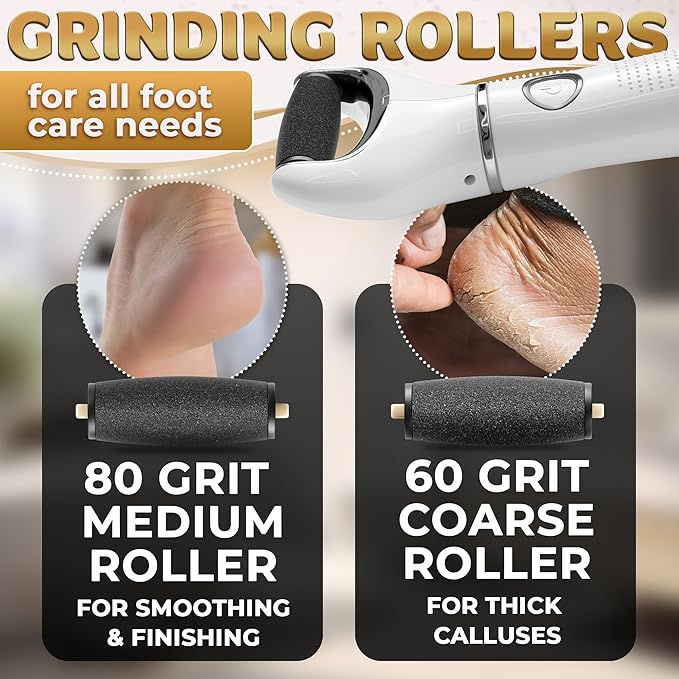 Rechargeable Electric Foot Callus Remover Tool – 3-Speed Foot Sander (1800/2200/2800 RPM), Electric Callus Remover for Feet, Pedicure Tools for Feet – 1200mAh, 70 Min Runtime, 2 Replacement Rollers