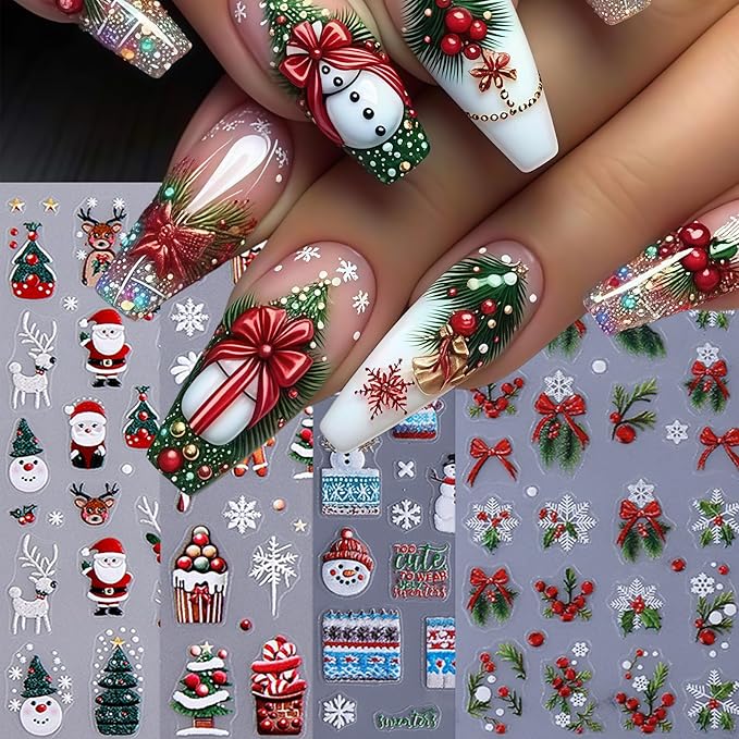 4 Pcs Christmas Nail Art Stickers 5D Micro Embossed Self-Adhesive Snowman Gingerbread Man Snowflake Bow Holly Leaf Nail Decals Xmas Tree Santa Claus Nail Supplies for Women Winter Holiday DIY Manicure