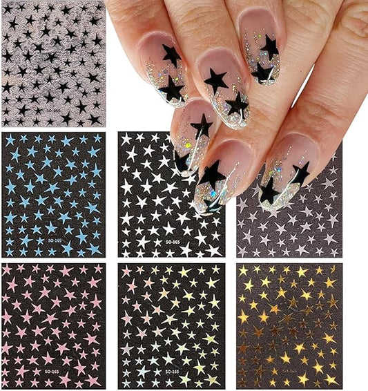 7 Sheets Star Nail Art Stickers - Gold, Silver, White, Black 3D Self-Adhesive Decals for Manicure Decorations - Nail Designs and Supplies for Women