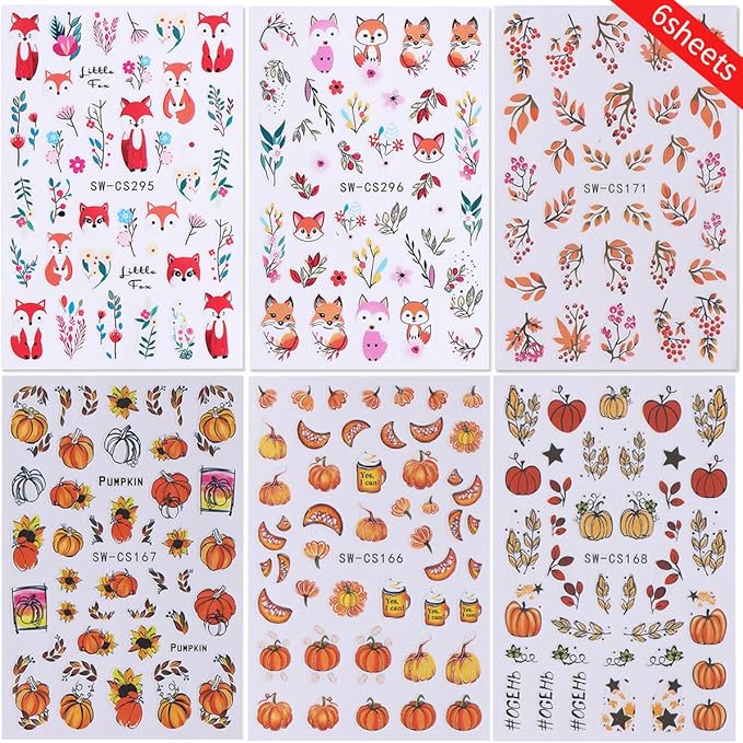 Fall Nail Art Stickers Autumn Leaf Pumpkin Nail Stickers 6PCS 3D Self-Adhesive Foxes Leaves Floral Pumpkin Design Nail Decals Nail Art Supplies Fall Sticker Sliders for Nails DIY Manicure Decorations