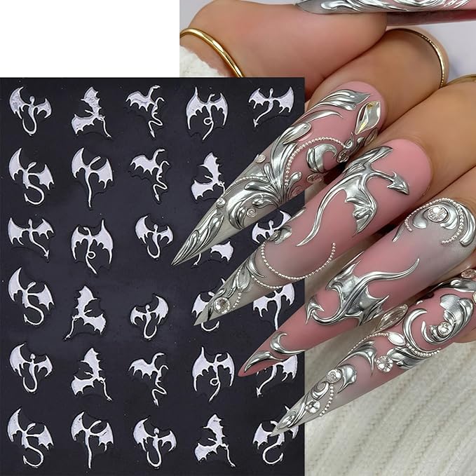 6Pcs Halloween Nail Art Stickers 3D Holographic Flying Dragon Nail Decals Self Adhesive Horror Bat Nail Stickers Gothic Bat Nail Supplies Halloween Holiday Decoration Nails Supply for Women DIY