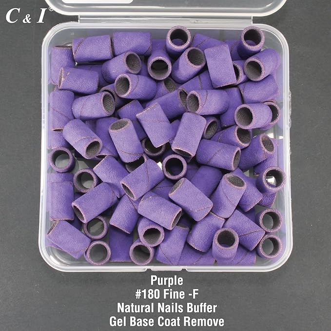 C & I Nail Sanding Bands 100 PCS Plus Upgrade Mandrel 1 PC, Manicure Drill Bits for Acrylic Gel Nails Remove, Natural Nails Buffer for Nail Prep and Shiner (Purple, #180 Fine)