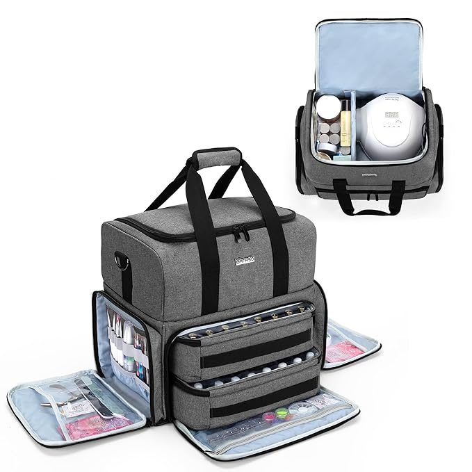 BAFASO Nail Polish Organizer Holds 80 Bottles (15ml - 0.5 fl.oz) and a UV Nail Lamp, Nail Polish Case with 2 Removable Pouches and Manicure Tools Storage Sections (Patented), Gray