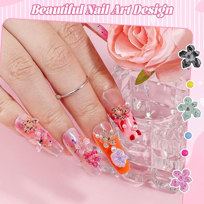 300Pcs Flower Nail Charms Kit, 100Pcs 3D Jelly Mini Hawaii Flowers Charms and 100Pcs Nail Pearls with 100Pcs Macaron Beads, Colorful Hibiscus Floral Tiny Gems Round Beads for Nails Design